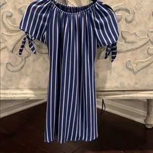 Girls blue and white striped cold shoulder dress
